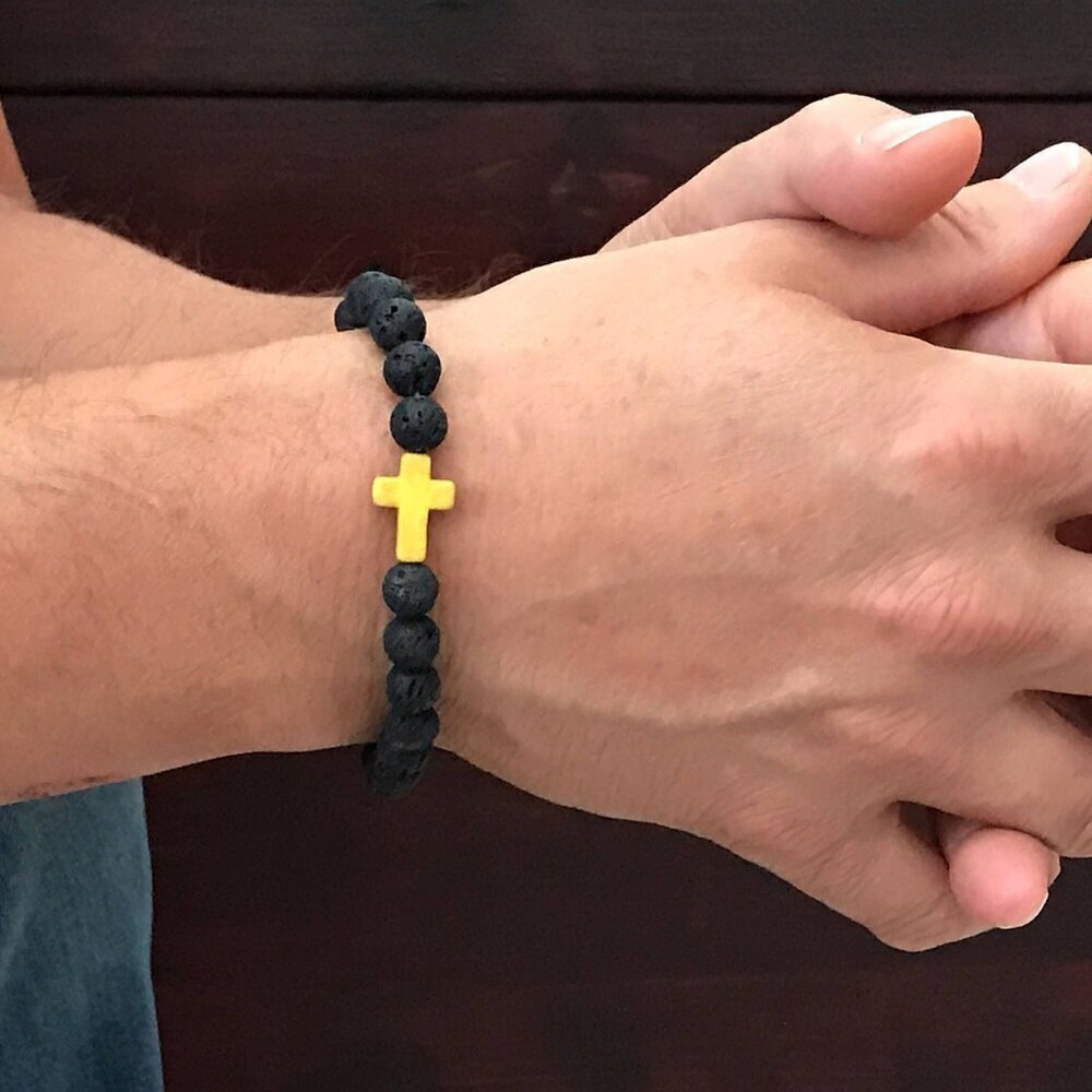 Handmade Yellow Sideways Cross w/ Black Lava Stone Beaded Stretch Bracelet